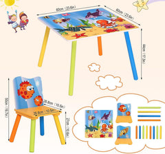 WOLTU 1 Table Enfant + 2 Chaises Enfant, Ensemble de Table et Chaises pour Enfants, avec Motif de Mer, en MDF