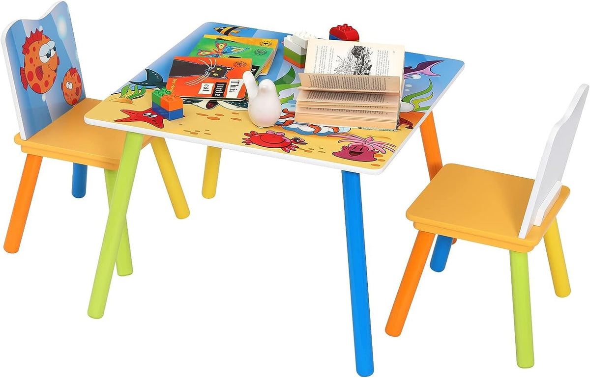 WOLTU 1 Table Enfant + 2 Chaises Enfant, Ensemble de Table et Chaises pour Enfants, avec Motif de Mer, en MDF