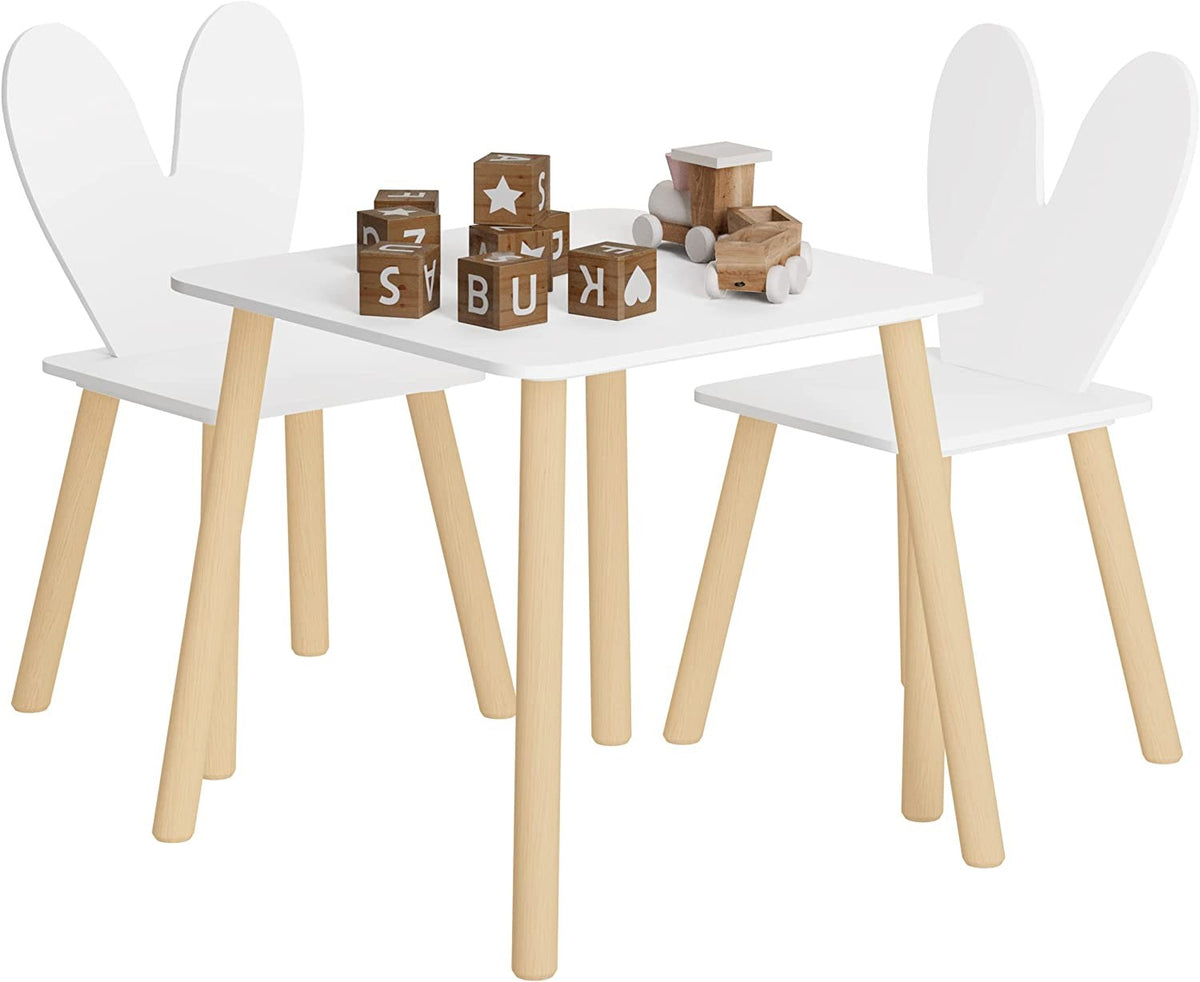 WOLTU Table Enfant avec 2 Chaises, avec Pieds en Bois Massif, Dossier en Forme Oreille de Lapin, Blanc