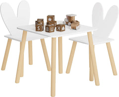WOLTU Table Enfant avec 2 Chaises, avec Pieds en Bois Massif, Dossier en Forme Oreille de Lapin, Blanc