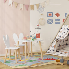 WOLTU Table Enfant avec 2 Chaises, avec Pieds en Bois Massif, Dossier en Forme Oreille de Lapin, Blanc
