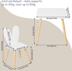 WOLTU Table Enfant avec 2 Chaises, avec Pieds en Bois Massif, Dossier en Forme Oreille de Lapin, Blanc