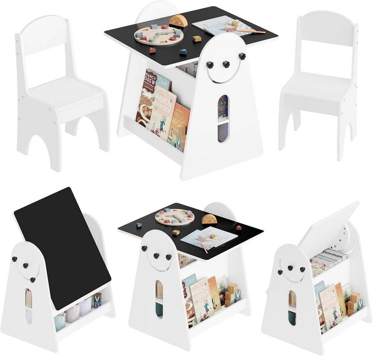 WOLTU Children's table with 2 chairs, storage space, children's seating group, painting table, white
