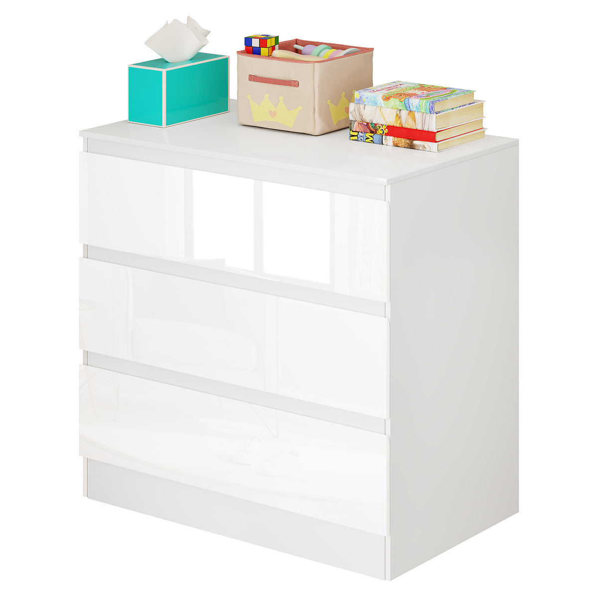 WOLTU Commode à 3 Tiroirs, Armoire de Rangement, Blanc Brillant, 80x78x48cm