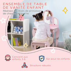 Coiffeuse pour enfant avec tabouret 3 miroirs et tiroir 3 à 6 ans 52 x 32 x 85 cm rose