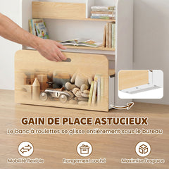 Bureau et Chaise pour Enfant 5 en 1 avec Bibliothèque et Banc Coffre à Roulettes, pour 3 à 8 Ans, Blanc