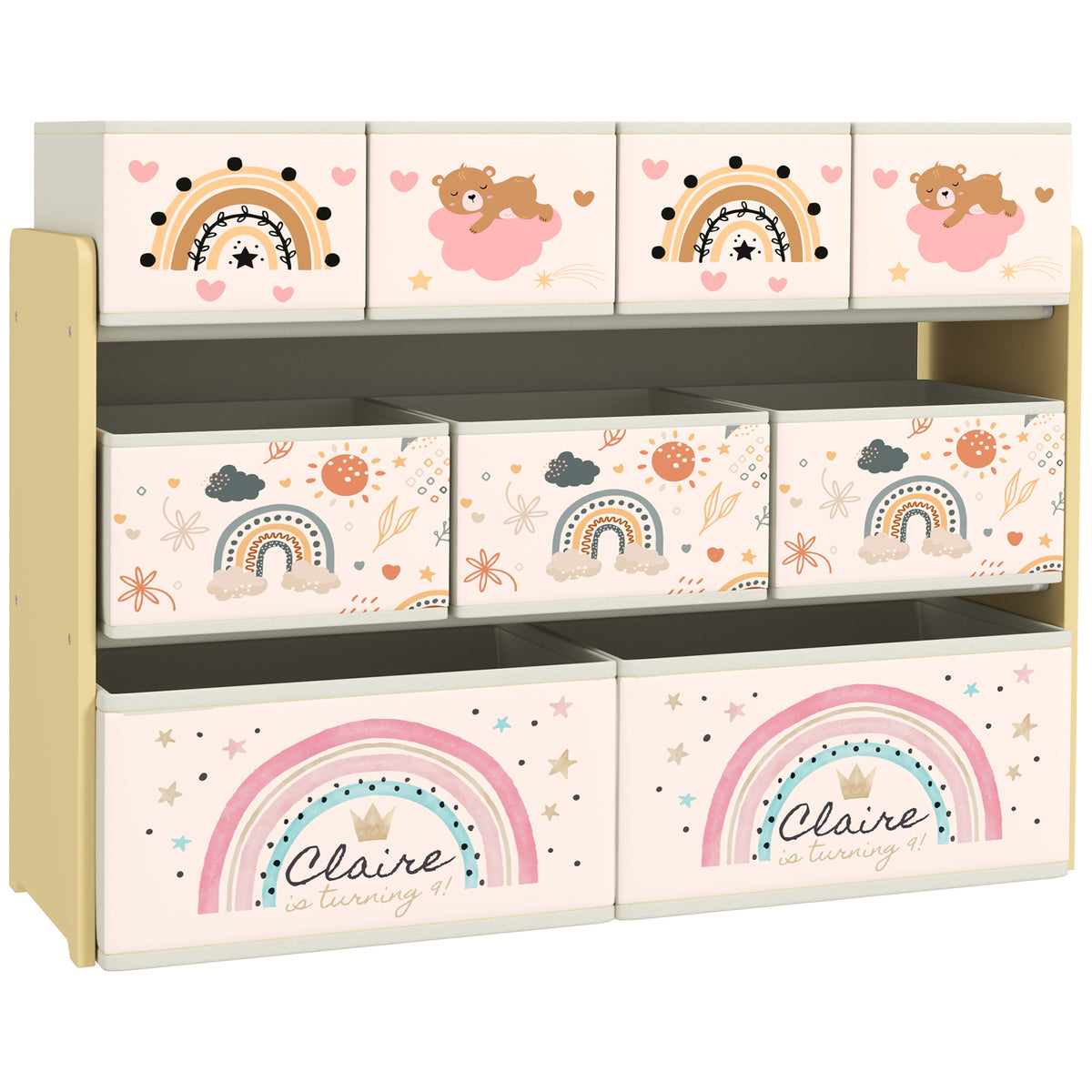 Étagère de rangement enfant étagère à 3 niveaux avec 9 boîtes en tissu non tissé 93 x 30 x 70 cm jaune