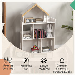 Étagère de rangement pour jouet enfant et livres forme de maison 3 niveaux  65 x 25 x 108,5 cm blanc et naturel