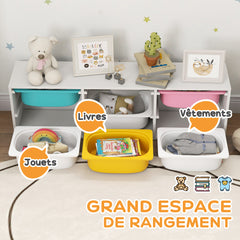 Meuble rangement enfant à 2 niveaux, étagère de rangement pour jouets enfants avec 6 bacs amovibles, 97x21x29cm, blanc