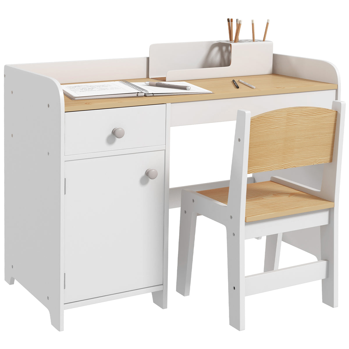 Bureau enfant avec chaise, table enfant avec tiroir, placard et large plateau, pour 3 à 6 ans, 80 x 39 x 59 cm, blanc