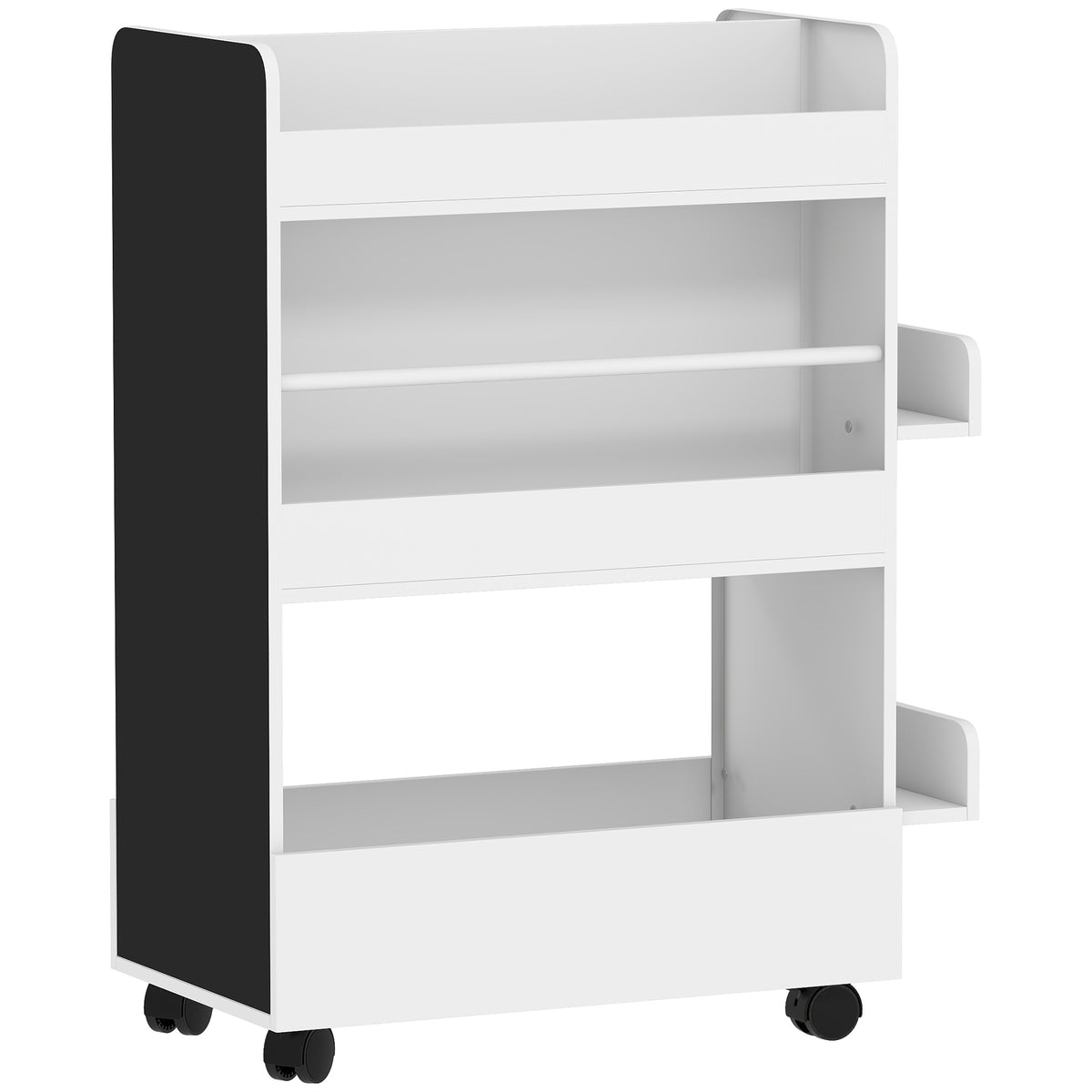 Bibliothèque pour enfant avec roulettes, rangement livre enfant de 3 à 8 ans avec tableau noir, 66,5x32,5x86,5cm, blanc