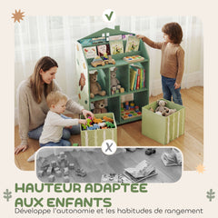 Meuble rangement enfant, bibliothèque enfants avec étagères ouvertes et 2 tiroirs en tissu, MDF, vert