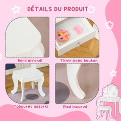 Coiffeuse Enfant avec Tabouret, Miroir triptyque et tiroir Coulissant - Coiffeuse dim. 63L x 40l x 85,5H cm