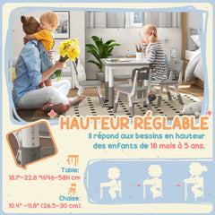 Ensemble 1 table et 4 chaises pour enfants à hauteur réglable, set de 5 pièces, gris