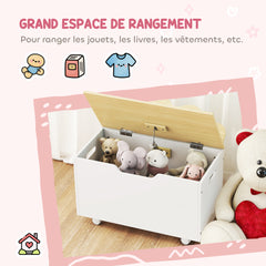 Coffre à jouet enfant sur roulettes, coffre de rangement enfant avec couvercle rabattable, 59 x 30 x 53 cm, blanc