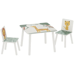 Table enfant avec chaise, ensemble table et 2 chaises enfant en bois, motifs animaux, 60 x 60 x 44 cm, vert