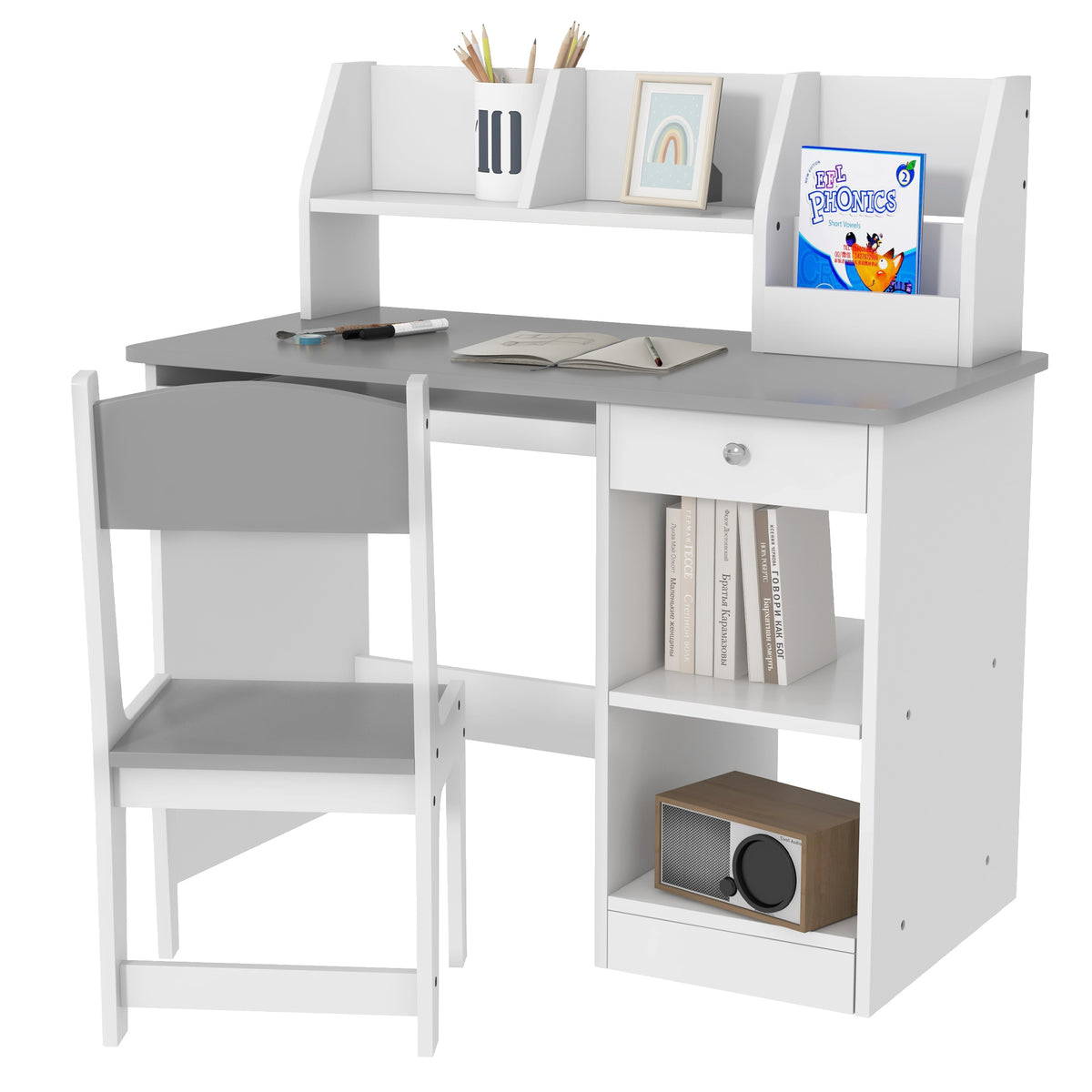Bureau enfant avec chaise ergonomique avec clavier coulissant tiroir niches et étagères ouvertes 90 x 45 x 90 cm gris