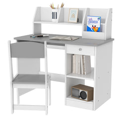 Bureau enfant avec chaise ergonomique avec clavier coulissant tiroir niches et étagères ouvertes 90 x 45 x 90 cm gris