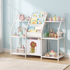 Bibliothèque pour Enfants à 3 Niveaux, Étagère à Livres pour Enfants avec Tiroir en Tissu, 93 x 30 x 76 cm, Blanc