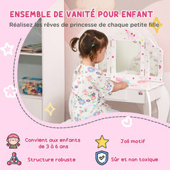 Coiffeuse Enfant avec Tabouret, Miroir triptyque et tiroir Coulissant - Coiffeuse dim. 63L x 40l x 85,5H cm