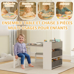 Ensemble table et 2 chaises enfant en bois avec rouleau de papier, étagères et tiroirs, pour fille garçon 3-8 ans, gris