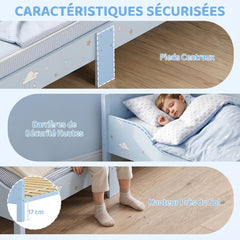 Lit Enfant 70 x 140 cm, Lit pour Enfant avec Barrière de Sécurité et Sommier à Lattes en Bois, Motif Nuage, Bleu