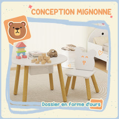 Ensemble 1 table ronde, 2 chaises pour enfant 3 pièces, dossier en forme d'ours, activités, bricolage, repas, 3-6 ans