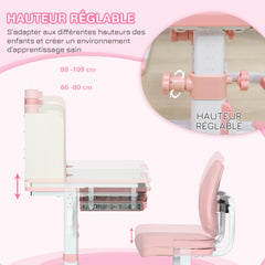 Ensemble bureau et chaise pour enfants hauteur réglable et plateau inclinable 0-60° table 80 x 52 x 88-109 cm rose