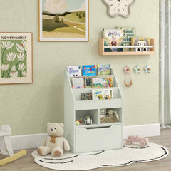 Bibliothèque étagère Multi-Rangement 3 étagères 2 niches Grand tiroir en bois Vert clair