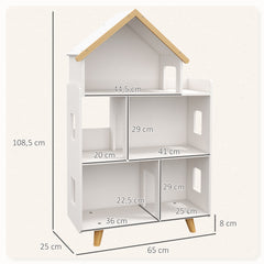 Étagère de rangement pour jouet enfant et livres forme de maison 3 niveaux  65 x 25 x 108,5 cm blanc et naturel