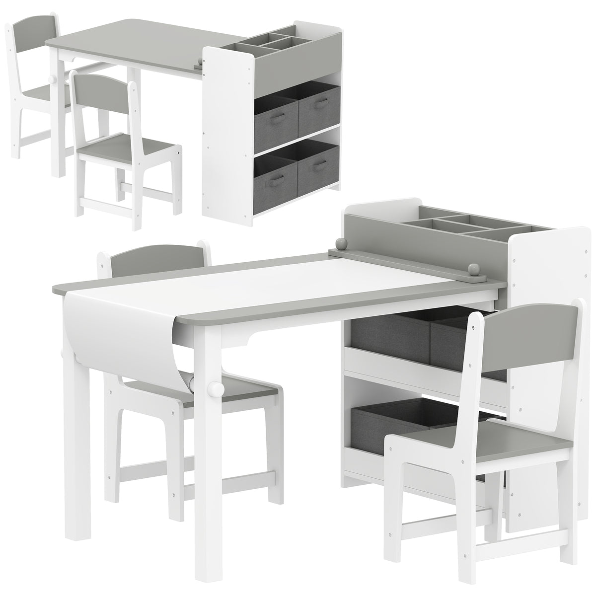 Ensemble table et 2 chaises enfant en bois avec rouleau de papier, étagères et tiroirs, pour fille garçon 3-8 ans, gris