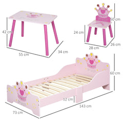 Lit Enfant et Ensemble table et chaises enfant - Design Princesse Motif Couronne - sommier à Lattes Inclus - Rose