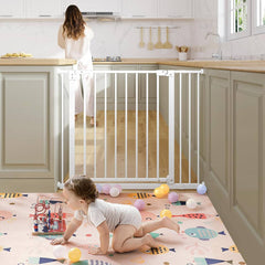 WOLTU Barrière Escalier, avec 2 Rallonges de 10 cm, 75-97 cm, Fermeture Automatique, 90° Arrêt, en Métal, Blanc