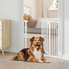 WOLTU Barrière Escalier, avec 2 Rallonges de 10 cm, 75-97 cm, Fermeture Automatique, 90° Arrêt, en Métal, Blanc