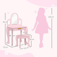 Coiffeuse pour enfant avec tabouret 3 miroirs et tiroir 3 à 6 ans 52 x 32 x 85 cm rose