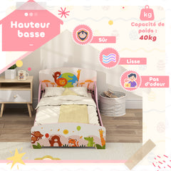 Lit Enfant 70x140 cm motif animal 140 x 70 cm avec sommier à lattes en bois design bas sécurisé rose
