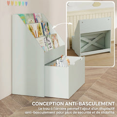 Bibliothèque pour enfants Multi-Rangement avec 3 niveaux d'étagères et un tiroir, 62,5L x 30l x 70H cm, vert