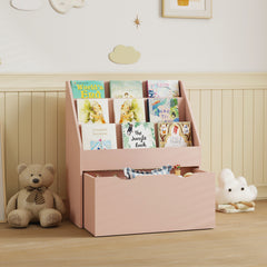 Bibliothèque pour enfants Multi-Rangement avec 3 niveaux d'étagères et un tiroir, 62,5L x 30l x 70H cm, rose