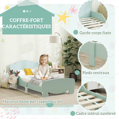 Lit enfant 70x140 cm avec barrières de sécurité thème d'ours pour garçons, filles, âgés de 3 à 6 ans, vert