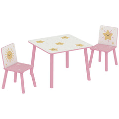 Table enfant avec chaise, ensemble table et 2 chaises enfant en bois, motifs d'étoile, 60 x 60 x 44 cm, rose
