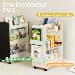 Bibliothèque pour enfant avec roulettes, rangement livre enfant de 3 à 8 ans avec tableau noir, 66,5x32,5x86,5cm, blanc