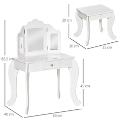 Coiffeuse Enfant avec Tabouret, Coiffeuse Bureau 2 en 1 Miroir triptyque et tiroir Coulissant Blanc Acrylique