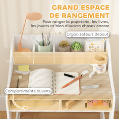 Ensemble bureau et chaise pour enfant 3 à 8 ans avec compartiments et étagères ouverts, effet bois naturel