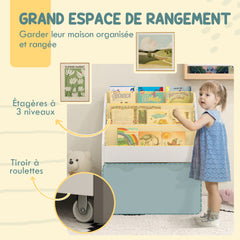 Bibliothèque pour enfants Multi-Rangement avec 3 niveaux d'étagères et un tiroir, 62,5L x 30l x 70H cm, blanc