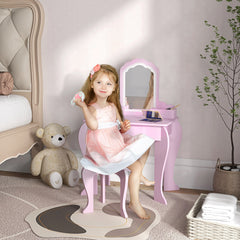 Coiffeuse pour enfant avec tabouret et miroir, table de maquillage avec tiroir et 2 compartiments, 55x36x86cm, rose