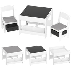 Ensemble 3 pièces table et 2 chaises pour enfant avec plateau réversible tableau noir, panier de rangement, étagères
