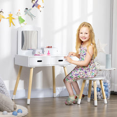 Coiffeuse enfant table de maquillage avec tabouret miroir et 2 tiroirs 3 à 6 ans 60 x 40 x 95 cm blanc et bois