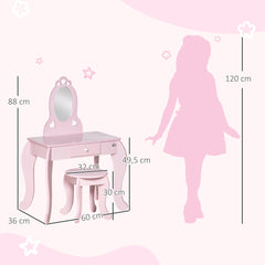 Coiffeuse Enfant Design Girly avec Motifs à Coeur - Tabouret Inclus - dim. 60L x 36l x 88H cm - tiroir, Miroir - MDF - Rose