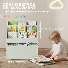 Bibliothèque pour enfants Multi-Rangement avec 3 niveaux d'étagères et un tiroir, 62,5L x 30l x 70H cm, vert