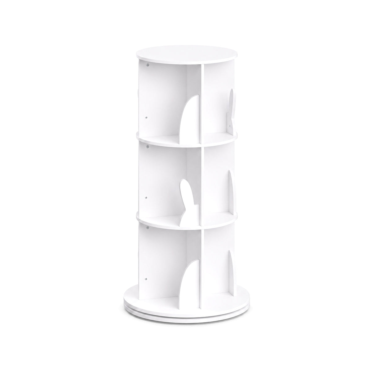 Bibliothèque pivotante enfant motif lapin blanche 3 niveaux sur fond blanc